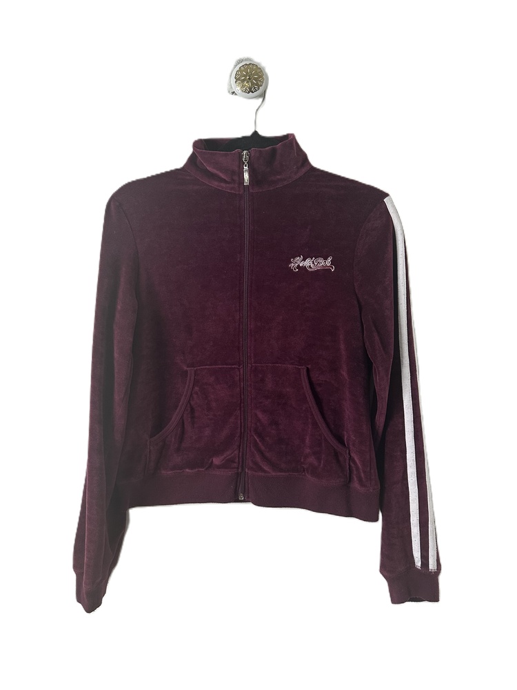 Hale Bob Jacket Medium Maroon Velvet Full Zip Striped Sleeves Embroidered Logo